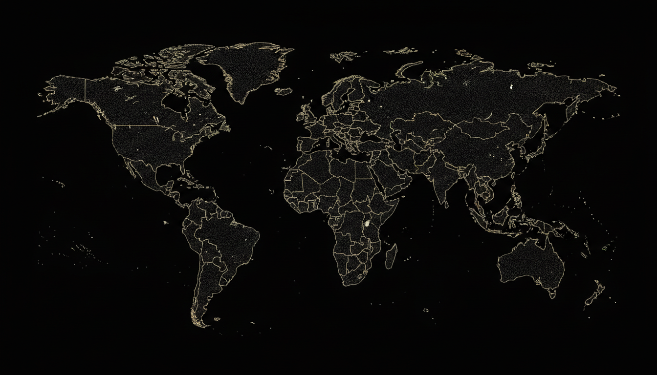Fine-line world atlas illustration on a black background
